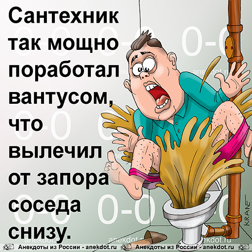 Сантехник так мощно поработал вантусом, что вылечил от запора соседа снизу.