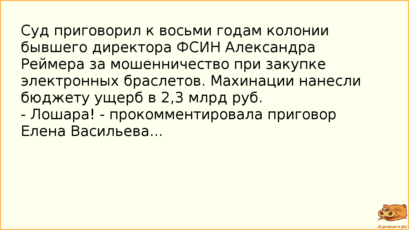 Суд приговорил к восьми годам колонии бывшего директора ФСИН Александра Реймера за мошенничество при закупке электронных браслетов. Махинации нанесли бюджету ущерб в 2,3 млрд руб. - Лошара! - прокомментировала приговор Елена Васильева...