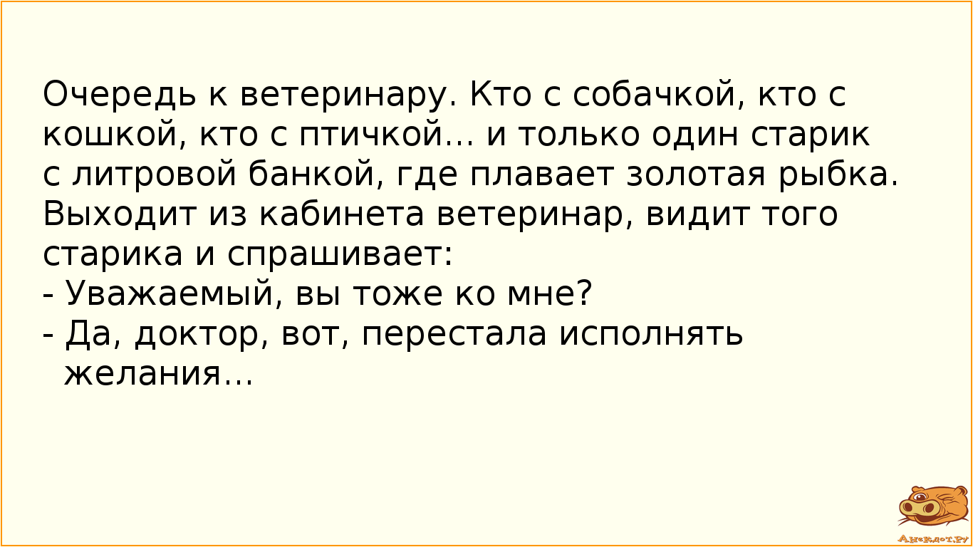 Очередь к ветеринару. Кто с собачкой, кто с кошкой, кто с птичкой... и только один старик с литровой банкой, где плавает золотая рыбка. Выходит из кабинета ветеринар, видит того старика и спрашивает: - Уважаемый, вы тоже ко мне? - Да, доктор, вот, перестала исполнять желания...