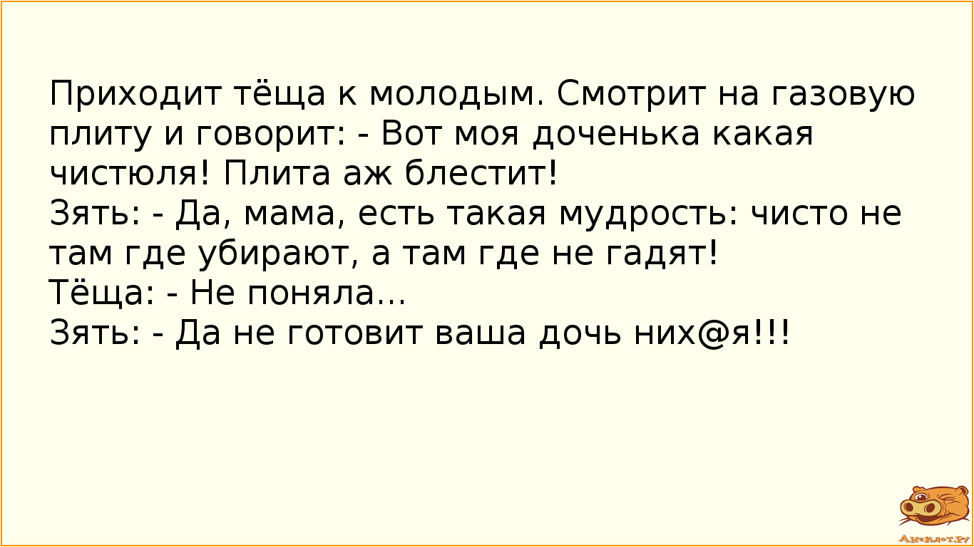 Приходит тёща к молодым. Смотрит на газовую плиту и говорит:
- Вот моя доченька какая чистюля! Плита…