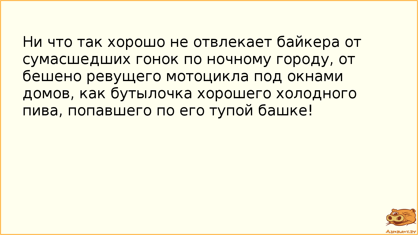 Ни что так хорошо не отвлекает байкера от сумасшедших гонок по ночному городу, от бешено ревущего мотоцикла под окнами домов, как бутылочка хорошего холодного пива, попавшего по его тупой башке!