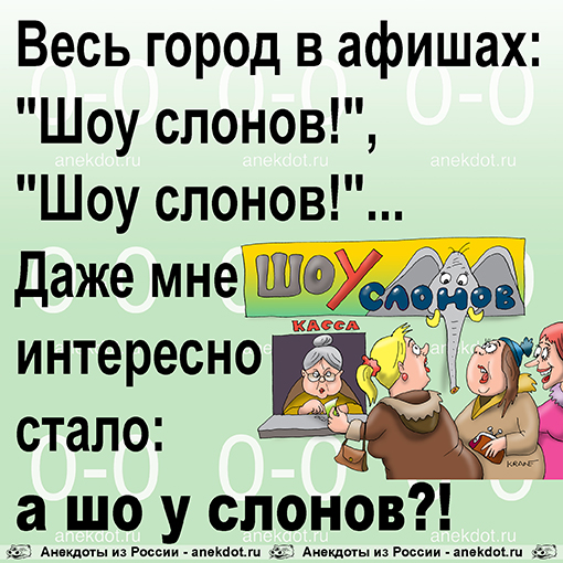 Весь город в афишах: "Шоу слонов!", "Шоу слонов!"... 
Даже мне интересно стало:…