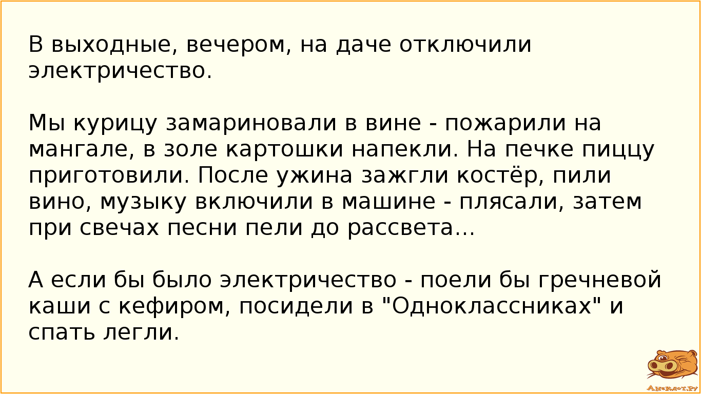 В выходные, вечером, на даче отключили электричество.
Мы курицу замариновали в вине - пожарили на…