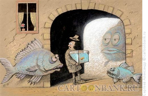 Карикатура: Рыбы в подворотне в городе, Сергеев Александр