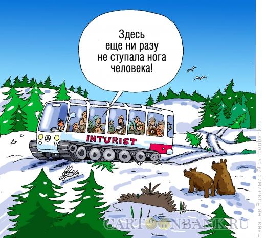 Карикатура: тайга зимой интуристы, Ненашев Владимир
