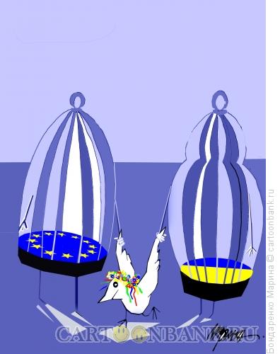 Карикатура: Украины и Евросоюз, 2 клетки и птенец, Бондаренко Марина