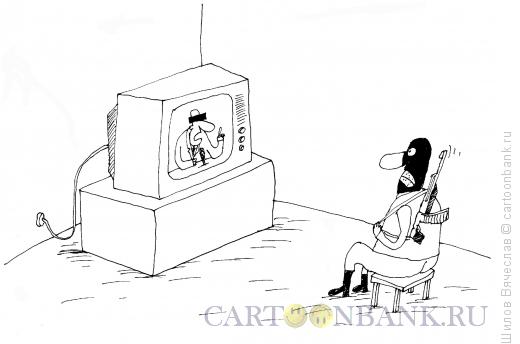 Карикатура: Человек в маске у телевизора, Шилов Вячеслав