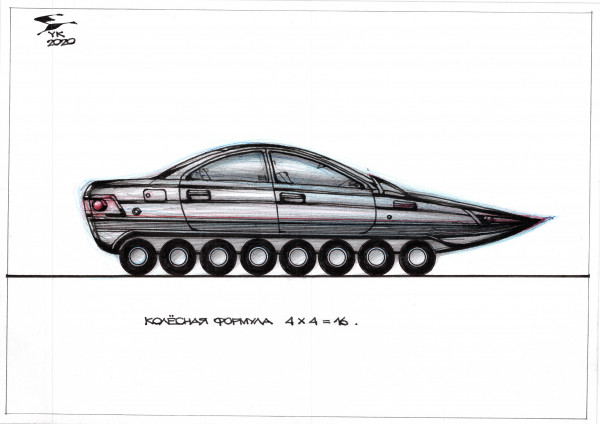 Карикатура: Колёсная формула 4 x 4 = 16 ., Юрий Косарев