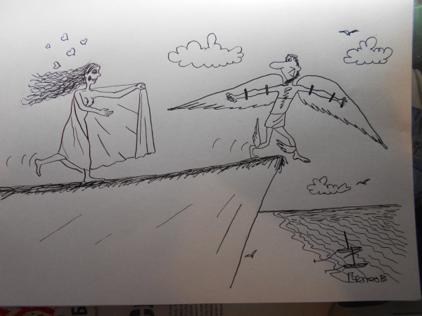 Карикатура: Женщина с покрывалом и Икар, Петров Александр