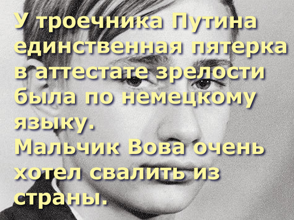 Мем: У троечника Путина единственная пятерка в аттестате зрелости была по немецкому языку. Мальчик Вова очень хотел свалить из страны., Патрук