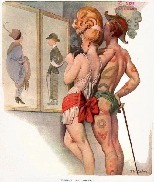 Мем: Иллюстрация к статье о фасонах будущего из журнала "Лайф" 1914 года, комментатор
