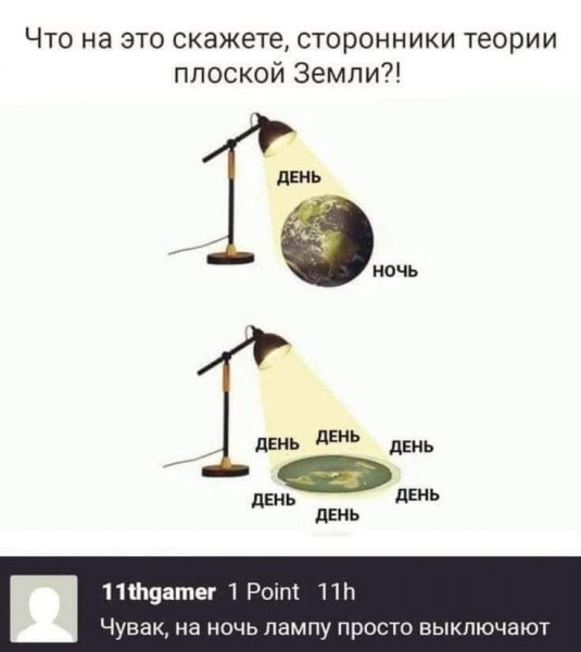 Мем: На шарообразной модели разные страны удалены от солнца на разное растояние, поэтому климат в разных широтах разный, а на плоской модели примерно на одно. Что и следовало доказать