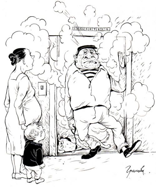 Карикатура: О курении в лифте, Ольга Громова